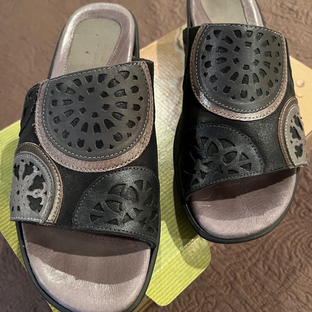 Women's NAOT "Vintage" Slide Sandal in Black, Silver and Pewter - Size 38